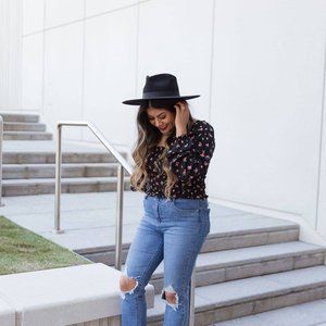 black floral smocked long sleeve top